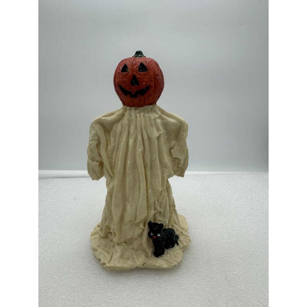 Pumpkin Head Ghost Figurine with Black Cat Halloween Decor